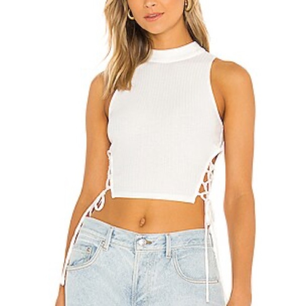 NBD White Sleeveless Crop Tank with Lace-Up Detail